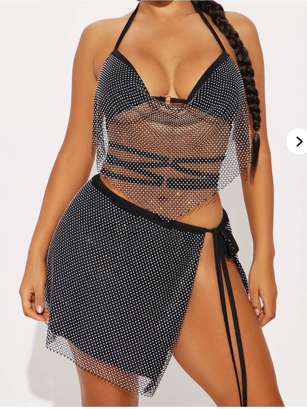 Black Rhinestone Mesh Halter Two Piece Set